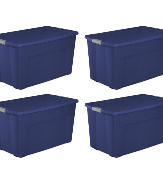 Sterilite 45 Gallon Wheeled Latch Tote Plastic, Stadium Blue, Set of 4