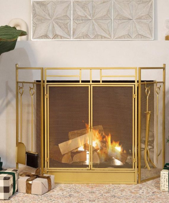 48" Foldable Fireplace Screen 3-Panel with Doors Guard Fire Screens with 4-Pieces Fireplace Tool,